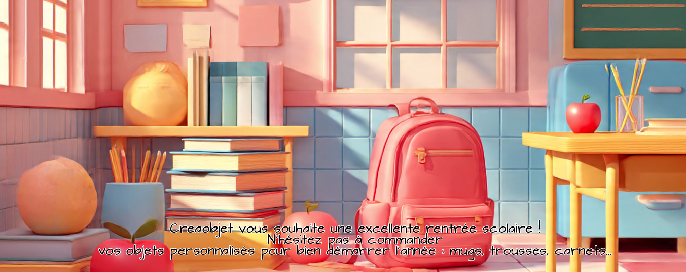 Creaobjet vous souhaite une excellente rentrée scolaire !  N’hésitez pas à commander  vos objets personnalisés pour bien démarrer l’année : mugs, trousses, carnets…