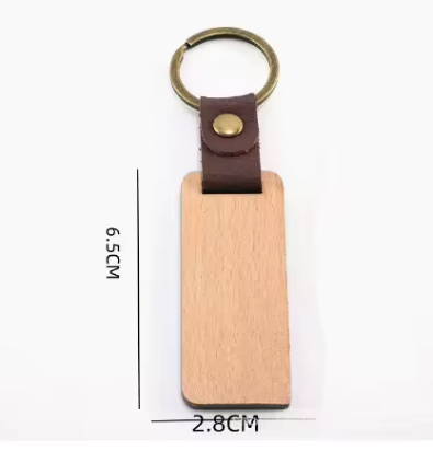🪵 Porte-clés rectangulaire en bois gravable au laser avec bracelet en cuir – 6,5 × 2,8 × 0,5 cm