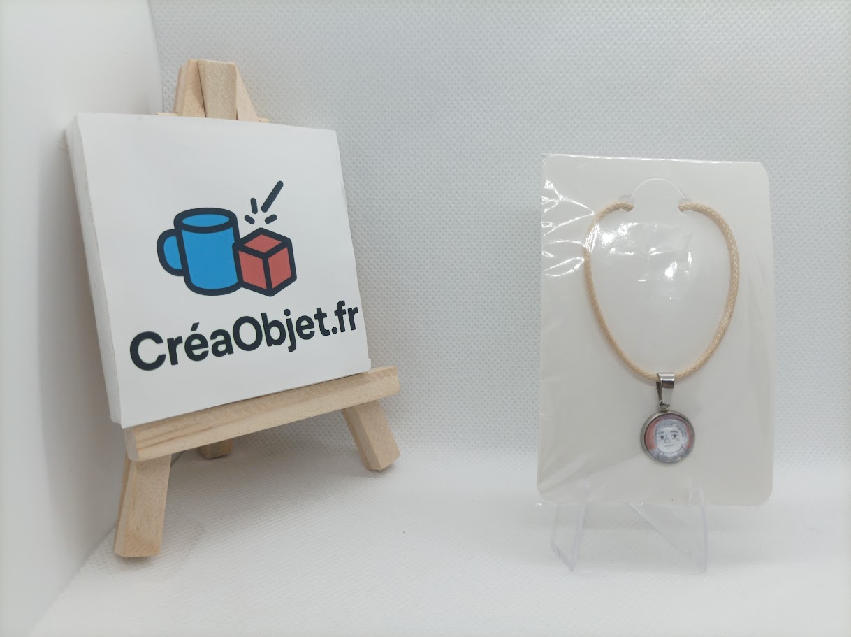 💎 Collier Cabochon Personnalisable – Acier Inoxydable Blanc & Cordon Cuir Tressé (50 cm)